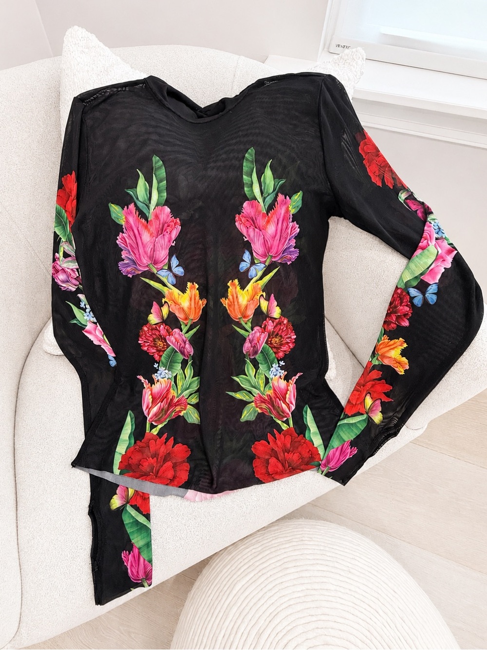AFRM-Black Floral Mesh Long Sleeve Top - Size L (Fits M-L)